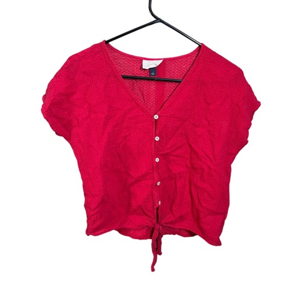 Universal Thread Button Front Top Womens Small Red‎ Short Sleeve Tie Hem Cotton